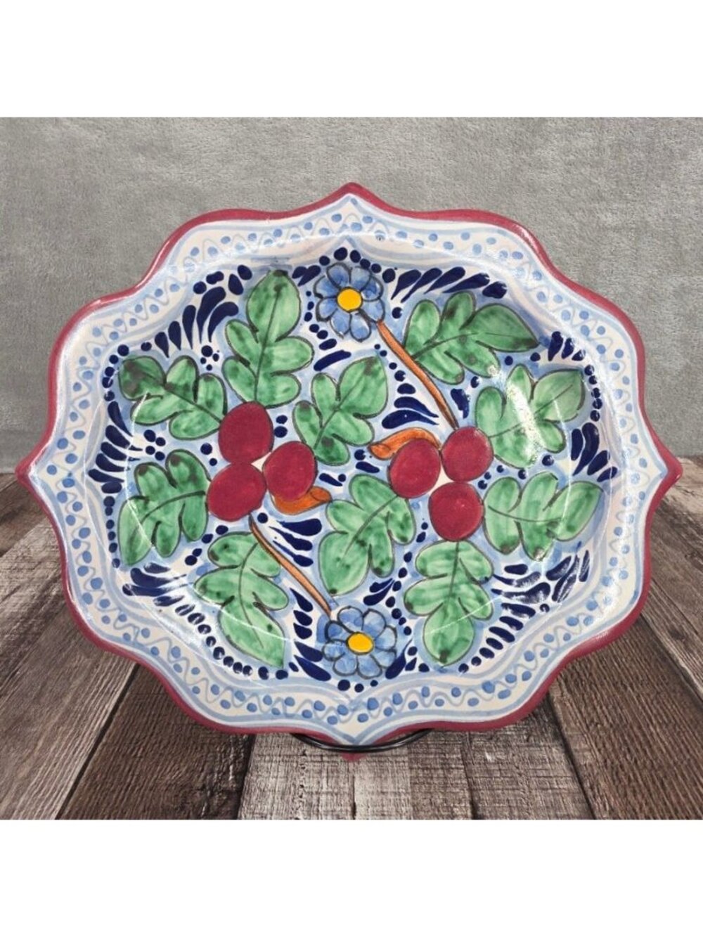 Talavera Mexican Pottery Round Platter 11.5" X 10" Signed Hand Painted Colorful